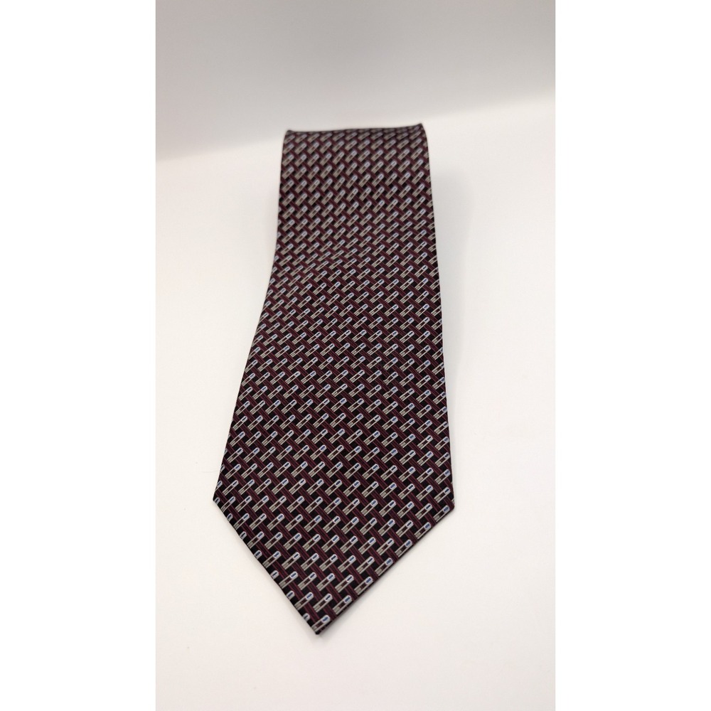 Van Heusen Men's Necktie Burgundy Maroon Geometric Tile Grid Pattern Classic Tie
